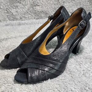 Sofft Peep Toe Heels Black Metallic Crinkle Leather Cutout Sides Womens 8 M